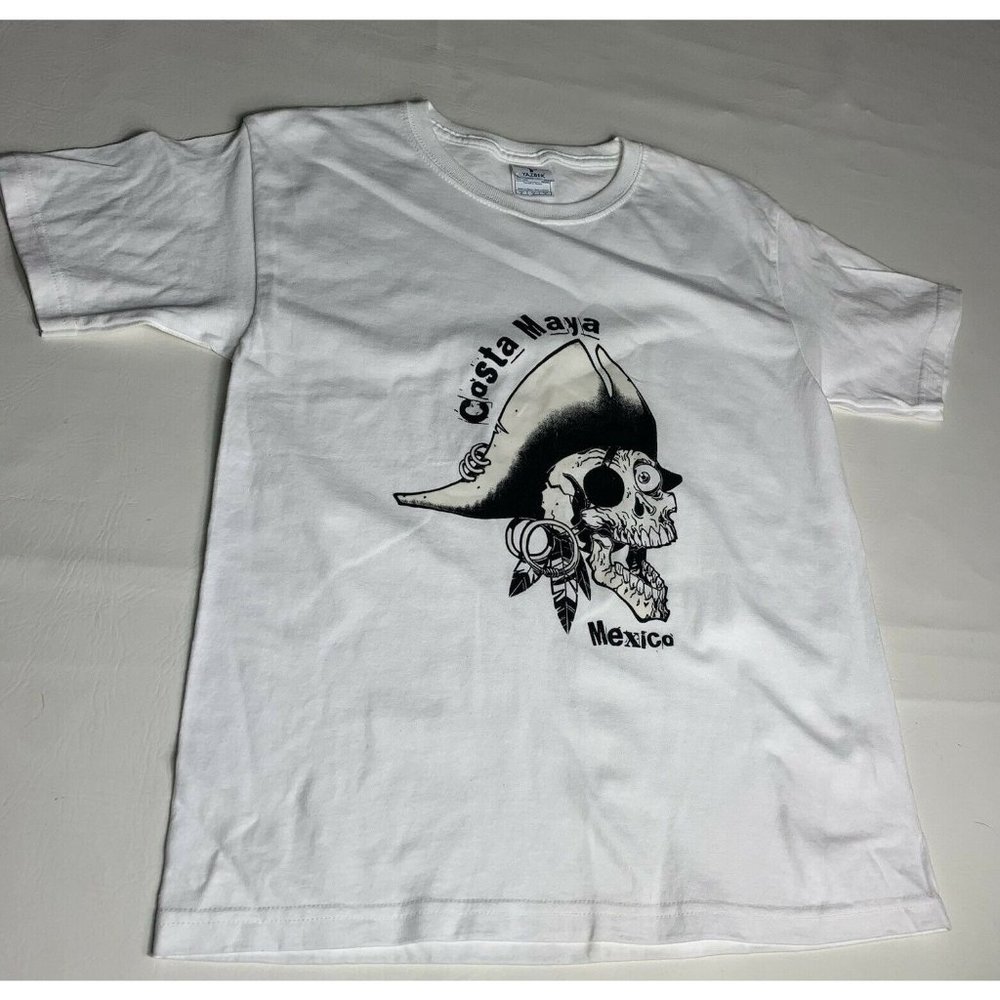 Costa Maya Mexico Boys Graphic T-Shirt Size M White Tee Shirt Pirate Skeleton